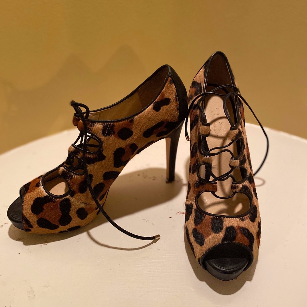 Talbot Erica Leopard Calf Hair Lace Up Pumps